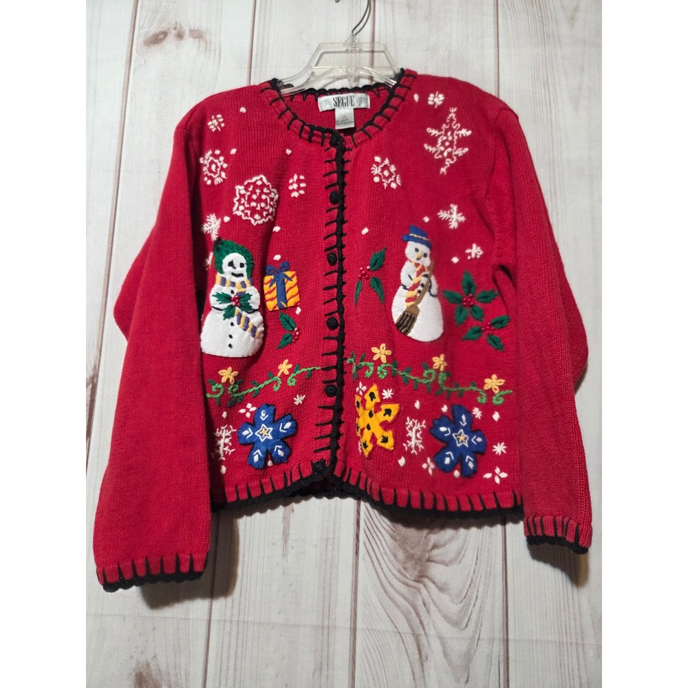 Segue Vintage Christmas Snowman Cardigan Sweater Red Womens‎ Large Holiday Party